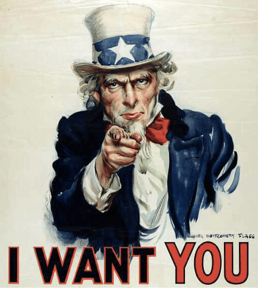 Famoso cartel del Tío Sam, de J. M. Flagg, reclutando soldados para la Primera y Segunda Guerra Mundial